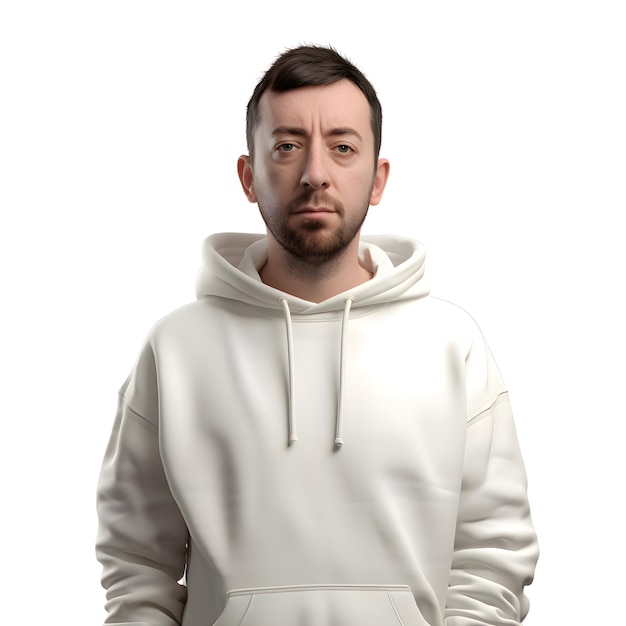 Free PSD Template: Portrait of a young man in a white hoodie on a white background