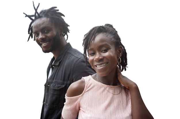 Portrait of young man and woman with afro dreadlocks hairstyle