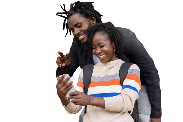 Portrait of young man and woman with afro dreadlocks hairstyle