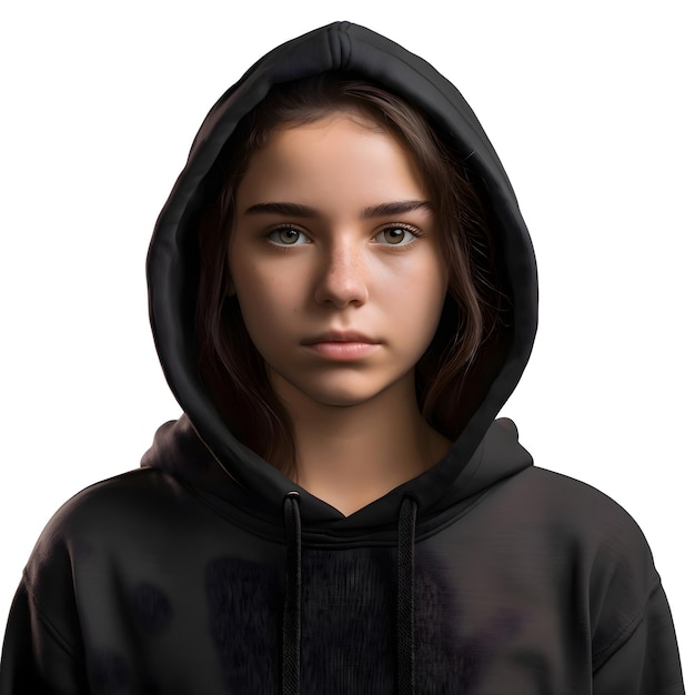 Free PSD portrait of a young woman in a black hoodie isolated on white background