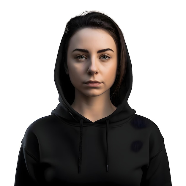 Portrait of a young woman in a black hoodie on a white background