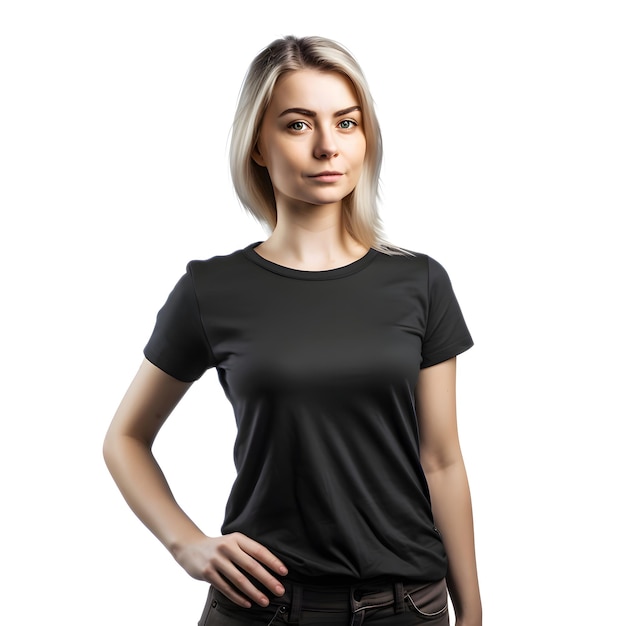 Free PSD portrait of a young woman in black t shirt on white background