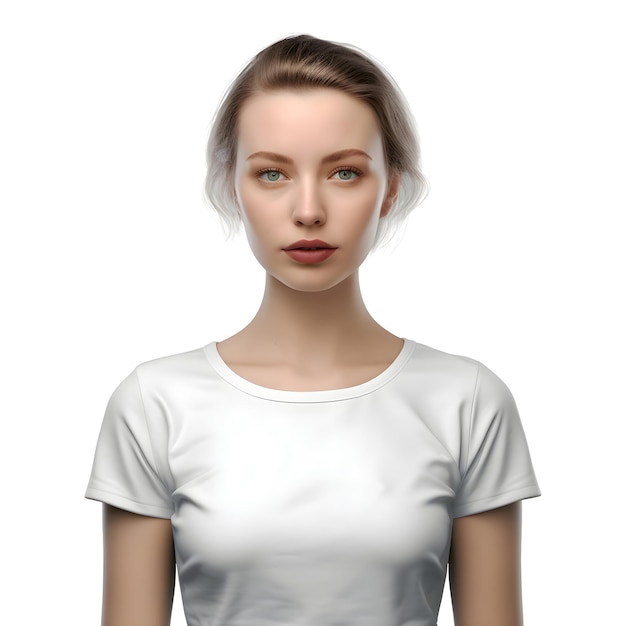 Portrait of a young woman in a white t shirt on a white background