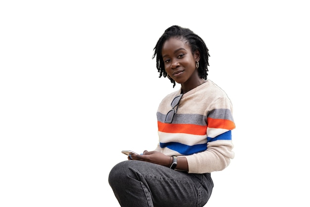 Portrait of young woman with afro dreadlocks hairstyle