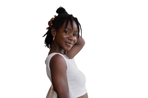 Portrait of young woman with afro dreadlocks hairstyle