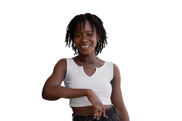 Portrait of young woman with afro dreadlocks hairstyle