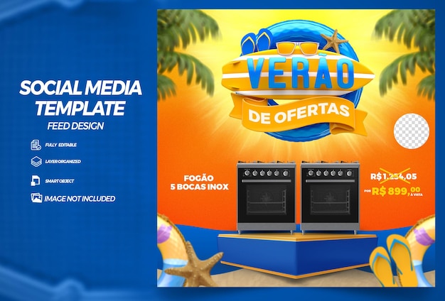 Post feed summer of offers sales in brazil render 3d template in portuguese for marketing
