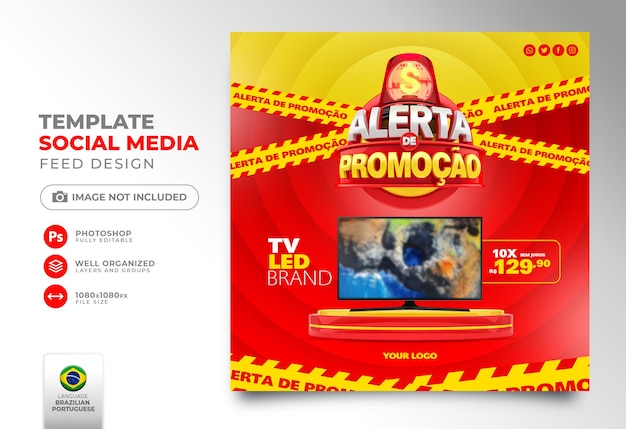 Post social media alert of offers in brazil render 3d template in portuguese for marketing