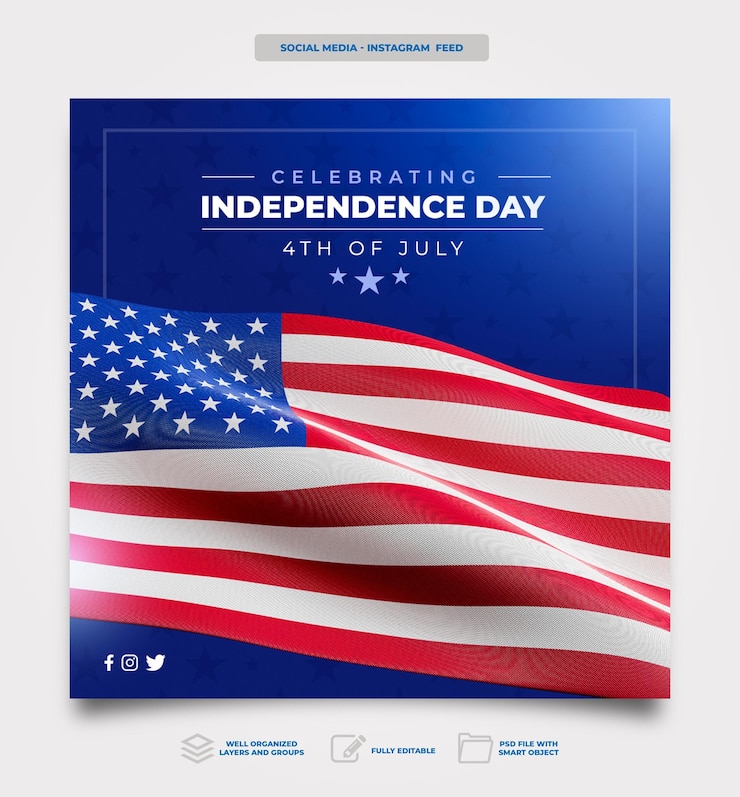 Free PSD post social media american independence day in 3d render celebration template design