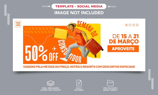 PSD gratuito post banner sui social media pacchetti viaggio consumer week con 50 di sconto