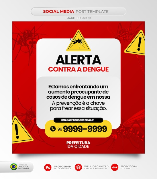 Бесплатный PSD Пост в социальных сетях кампания по борьбе и профилактике денге aedes aegypti на бразильском португальском языке