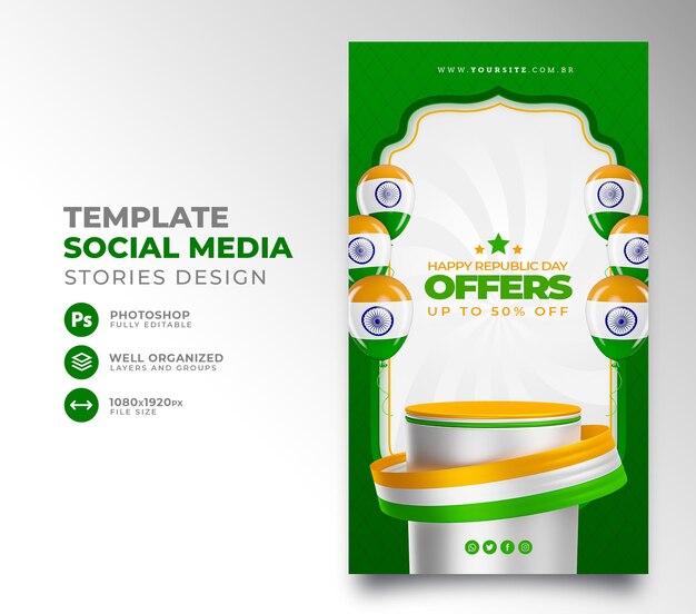 Post social media happy republic day india offer template design 3d render podium