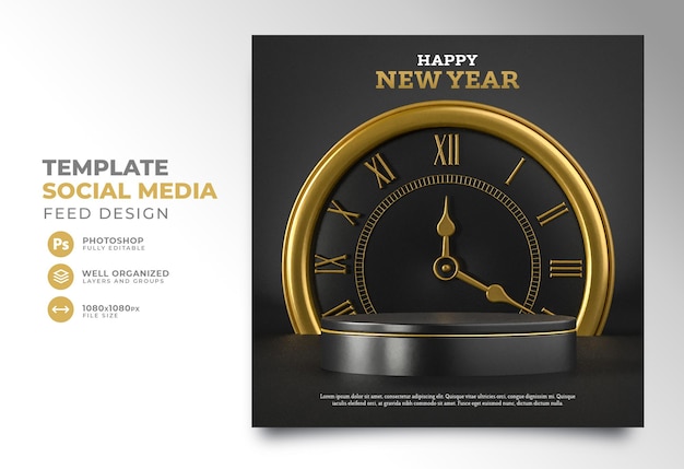 Post social media new year 2022 3d render template design podium clock realistic