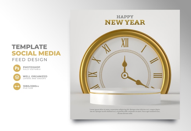 Post social media new year 2022 3d render template design podium clock realistic Free Psd