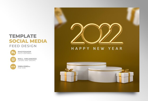 Post social media new year 2022 3d render template design podium gift realistic Premium Psd