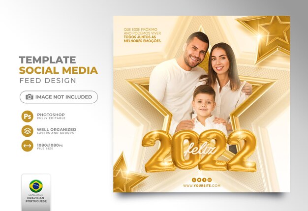 Post social media new year 2022 in portuguese 3d render template for marketing campaign in brazil