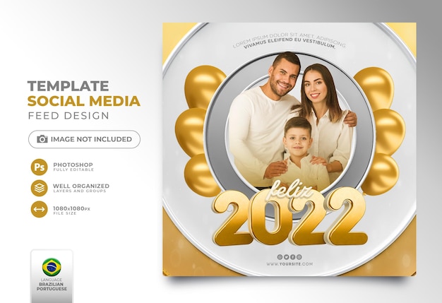 Post social media new year 2022 in portuguese 3d render template for marketing campaign in brazil