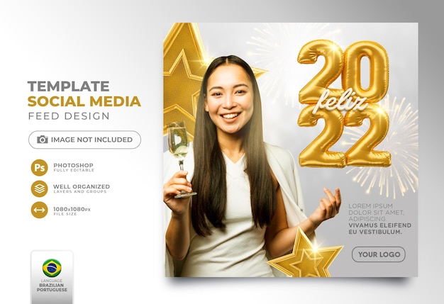 Post social media new year 2022 in portuguese 3d render template for marketing campaign in brazil