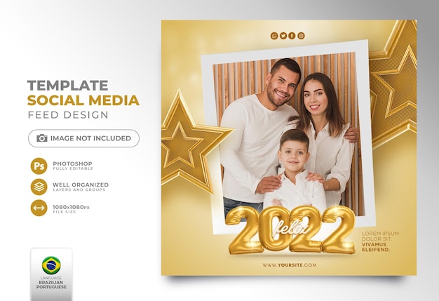 Post social media new year 2022 in portuguese 3d render template for marketing campaign in brazil