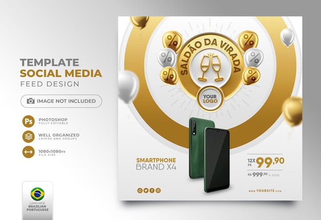 Post social media new year offers in brazil 3d render template design for marketing in brazil