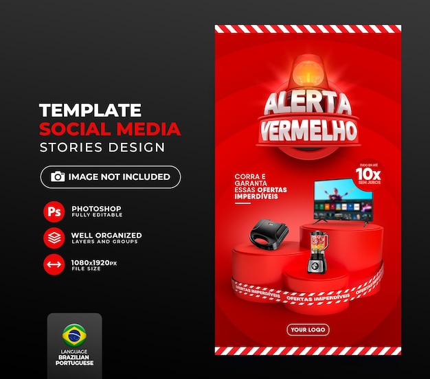 Post social media red alert of offers in brazil render 3d template design in portuguese