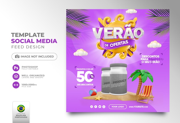 포르투갈어 마케팅 캠페인을 위한 브라질 3d 렌더링 템플릿의 소셜 미디어 여름 제공