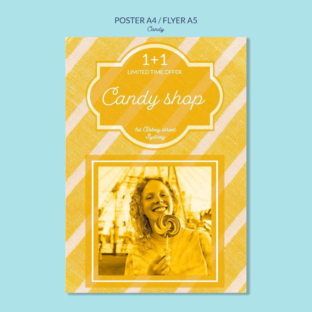 PSD gratuito poster per negozio di caramelle con femmina in possesso di un lecca-lecca