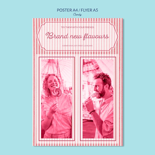 Poster for candy shop with people holding lollipops