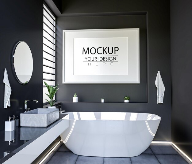 Free PSD Poster frame mockup on bathroom interior