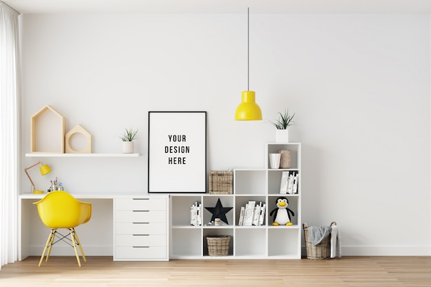 Download Fotolia Wall Mockup In Kids Room 3D Rendering Download : Mock Up Poster Frame In Children ...