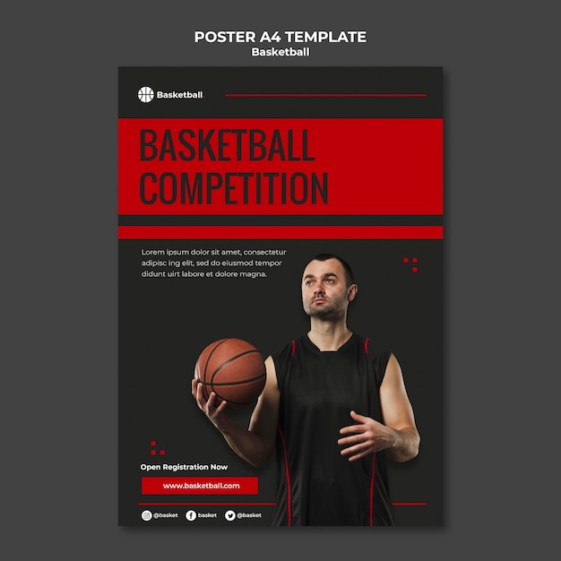 PSD gratuito modello di poster per partita di basket con giocatore di sesso maschile