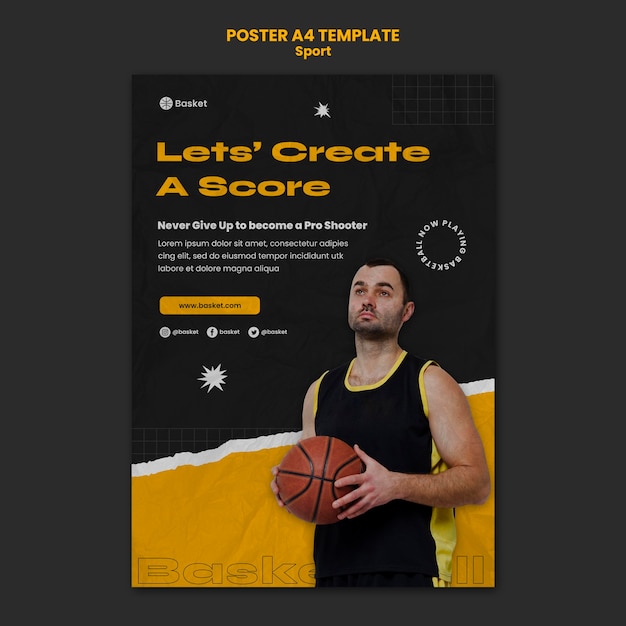 Modello di poster per partita di basket con giocatore di sesso maschile