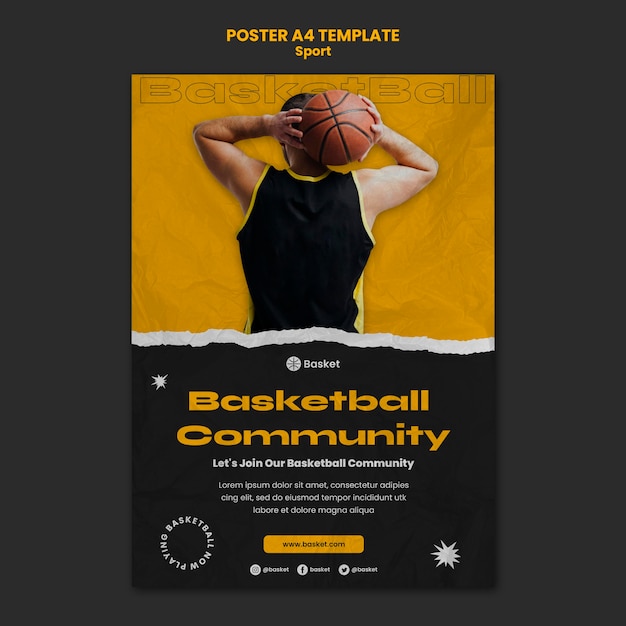 PSD gratuito modello di poster per partita di basket con giocatore di sesso maschile