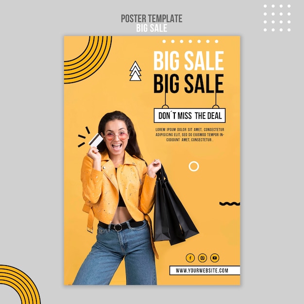 Poster template for big sale with woman and shopping bags