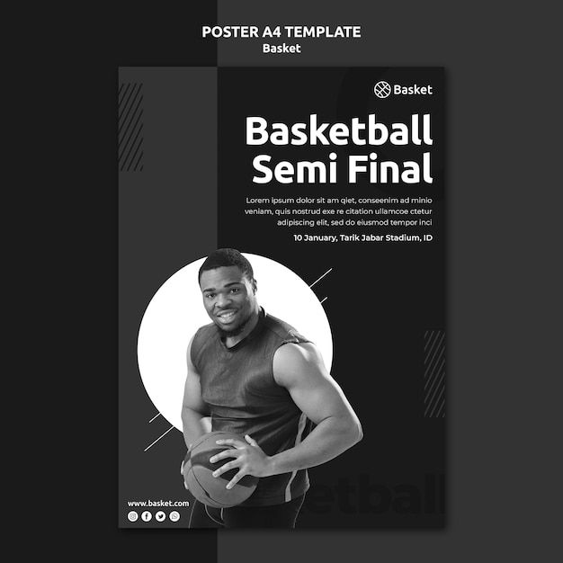 Free PSD poster template in black and white with male basketball athlete