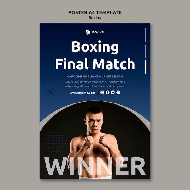 PSD gratuito modello di poster per lo sport di boxe con boxer maschio