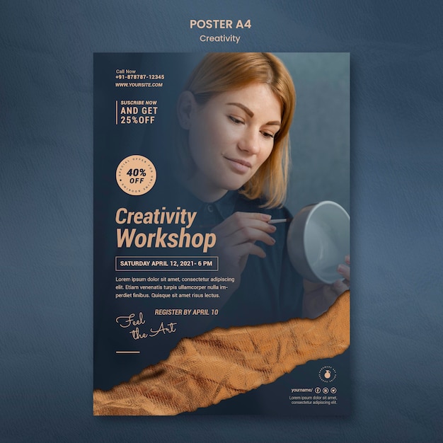 PSD gratuito modello di poster per laboratorio di ceramica creativa con donna