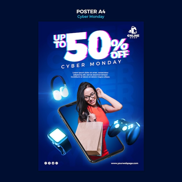 Poster template for cyber monday with woman and items