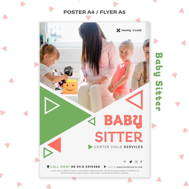 PSD gratuito modello di poster per baby-sitter femminile con bambini