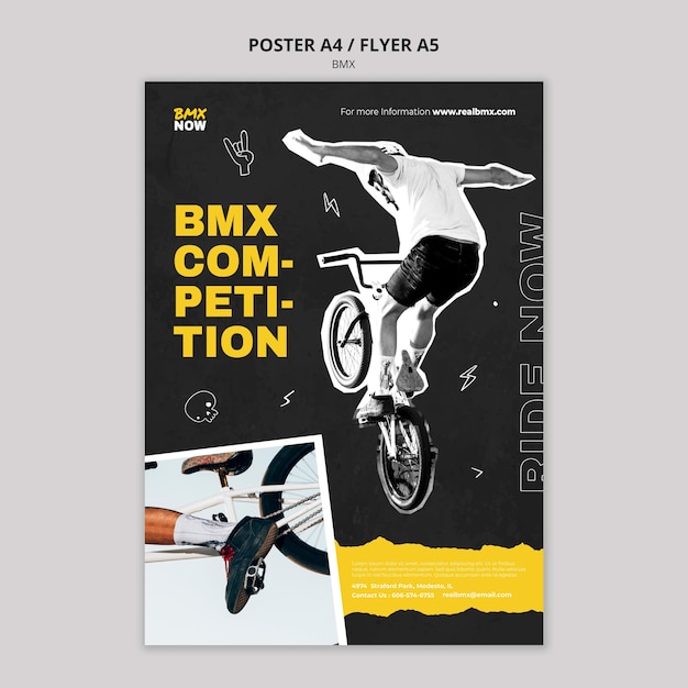 Бесплатный PSD Шаблон плаката для bmx biking с мужчиной и велосипедом