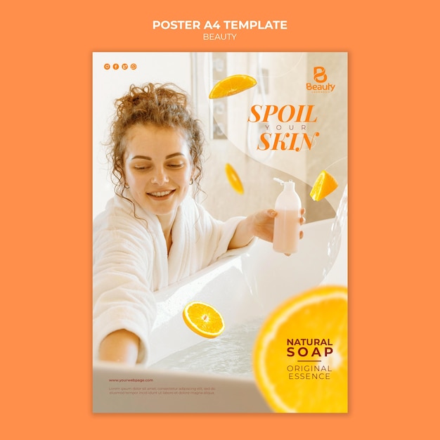 Бесплатный PSD Шаблон плаката для домашнего спа-ухода за кожей с женщиной и дольками апельсина