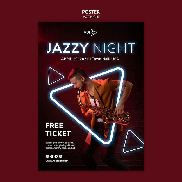 Бесплатный PSD Шаблон плаката для ночного мероприятия neon jazz night