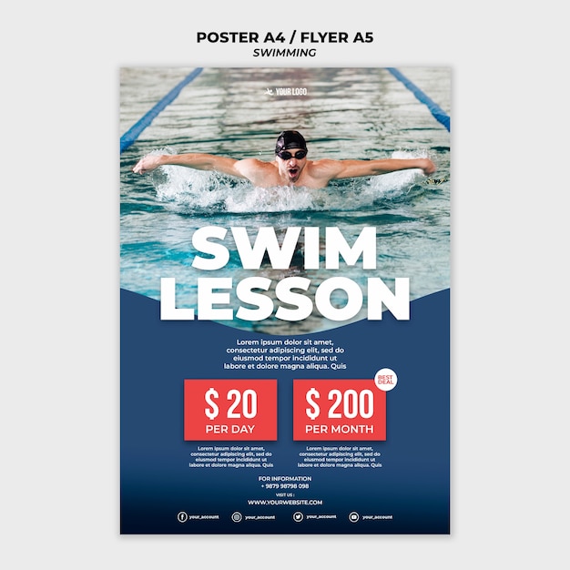 무료 PSD 수영 레슨 포스터 템플릿