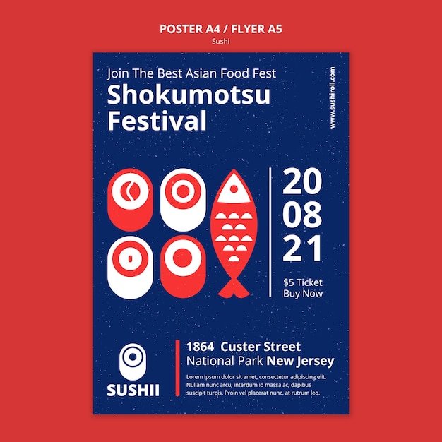 PSD gratuito modello di poster per festival gastronomico giapponese con sushi