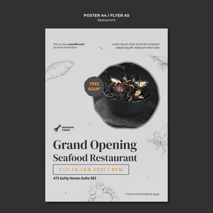 Free PSD poster template for seafood restaurant with mussels and noodles