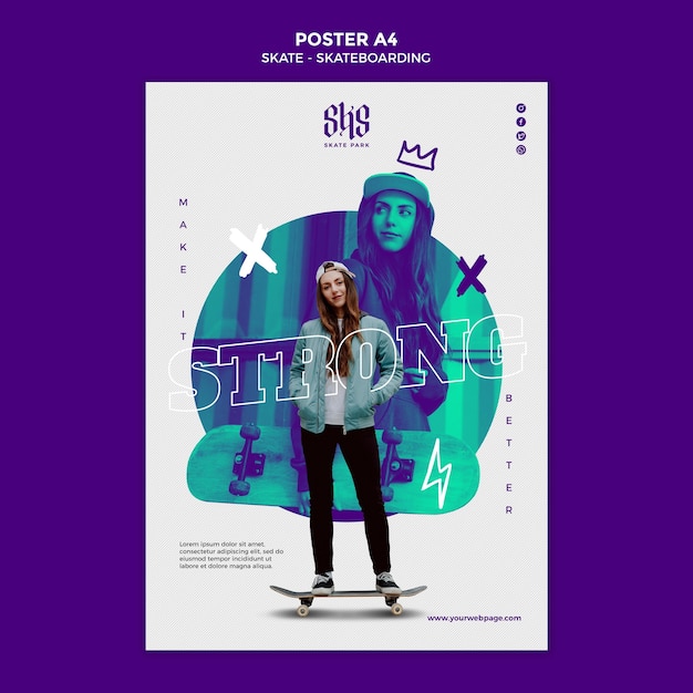 PSD gratuito modello di poster concetto di skateboard