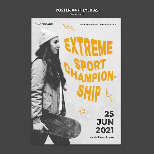 Free PSD poster template for skateboarding with woman