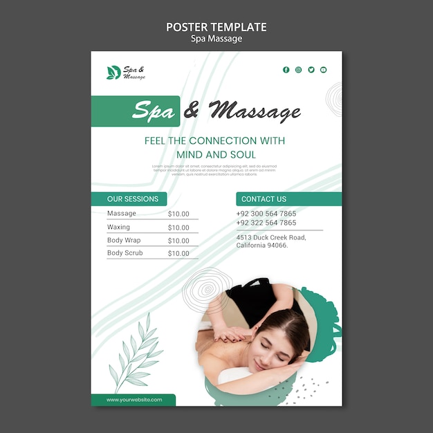 Free PSD poster template for spa massage with woman