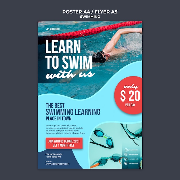 PSD gratuito modello di poster per lezioni di nuoto con nuotatore professionista