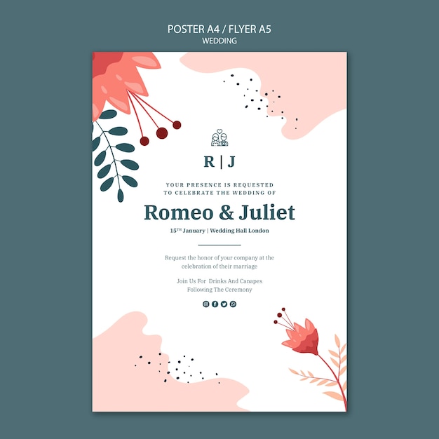 Шаблон постера для свадьбы с цветами